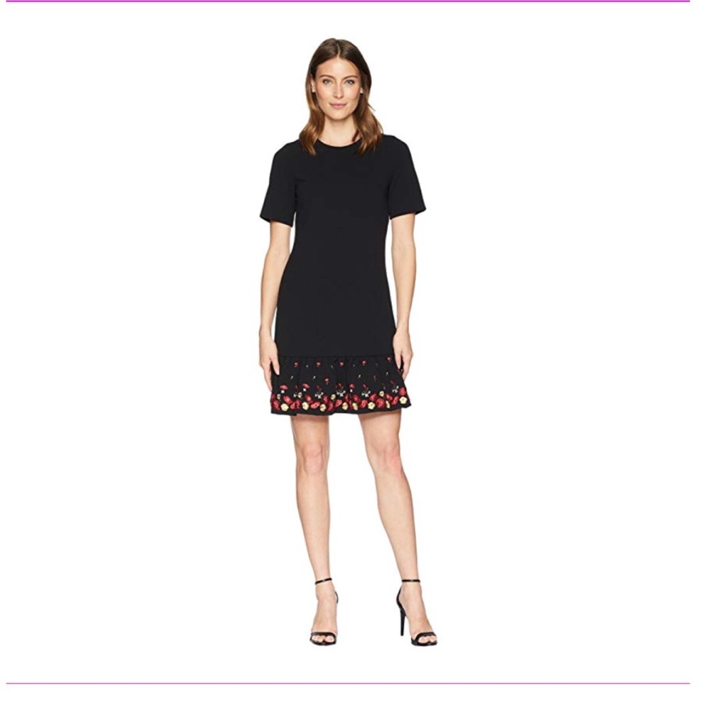 Calvin Klein-Black-Embroidered Flounce Hem Dress